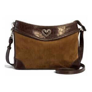 Brighton Brown Suede Embossed Crocodile Leather Hobo Adj Hdl Silver Emb Handbag